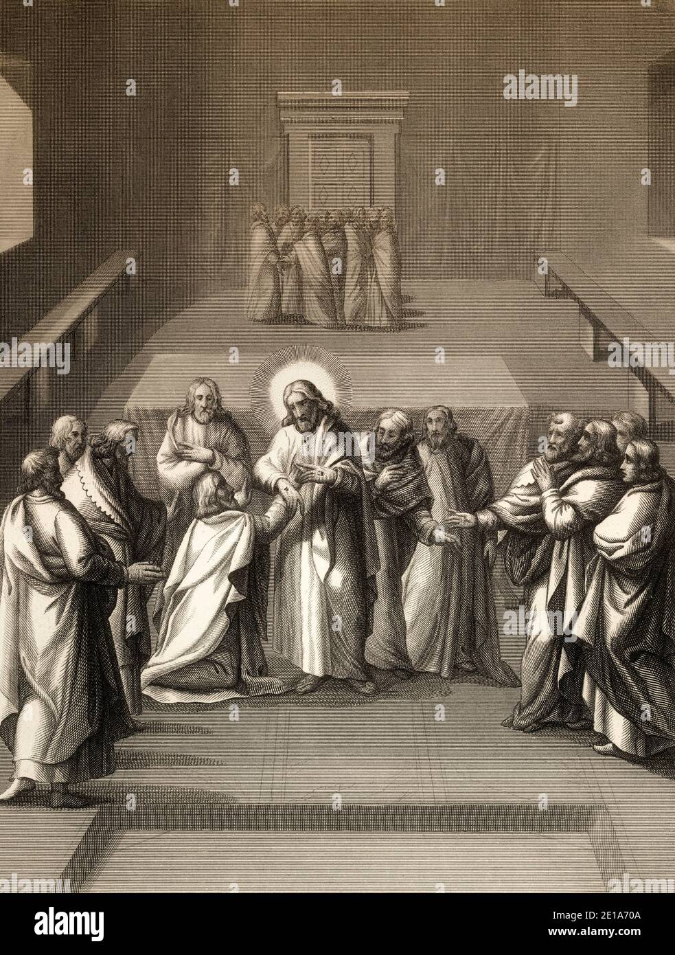 Christ's appearance with doubting Thomas, New Testament, steel engraving 1853, digitally restored Stock Photo