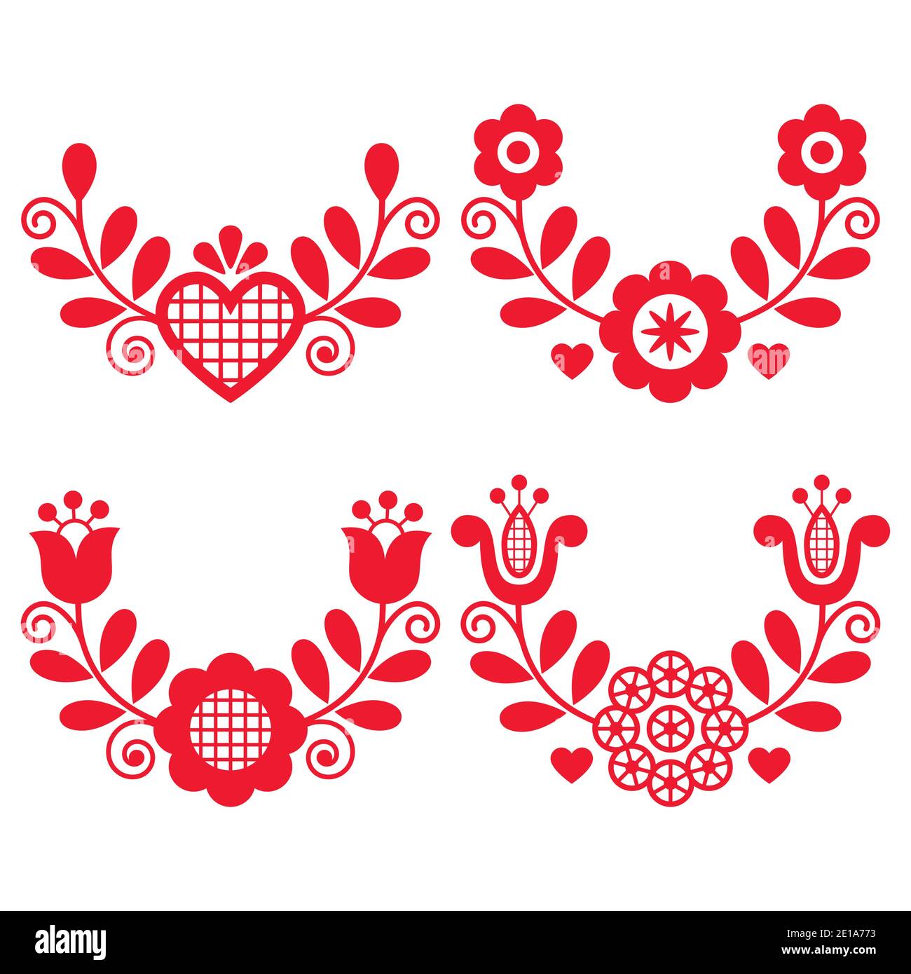 Polish folk art vector wreath design collection with flowers and hearts ...