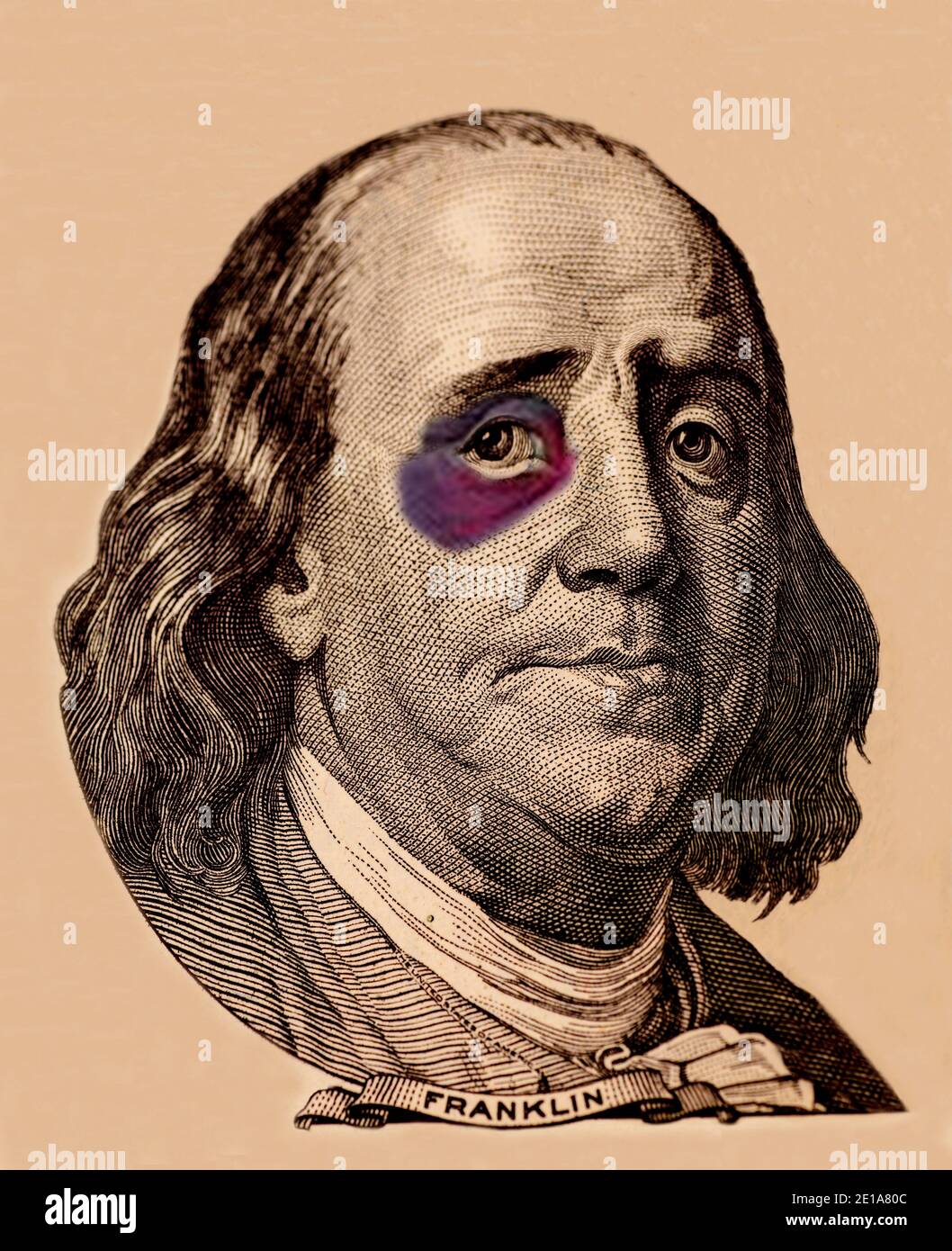 Portrait of U.S. president Benjamin Franklin with black eyes concept of  recession US economy Stock Photo - Alamy