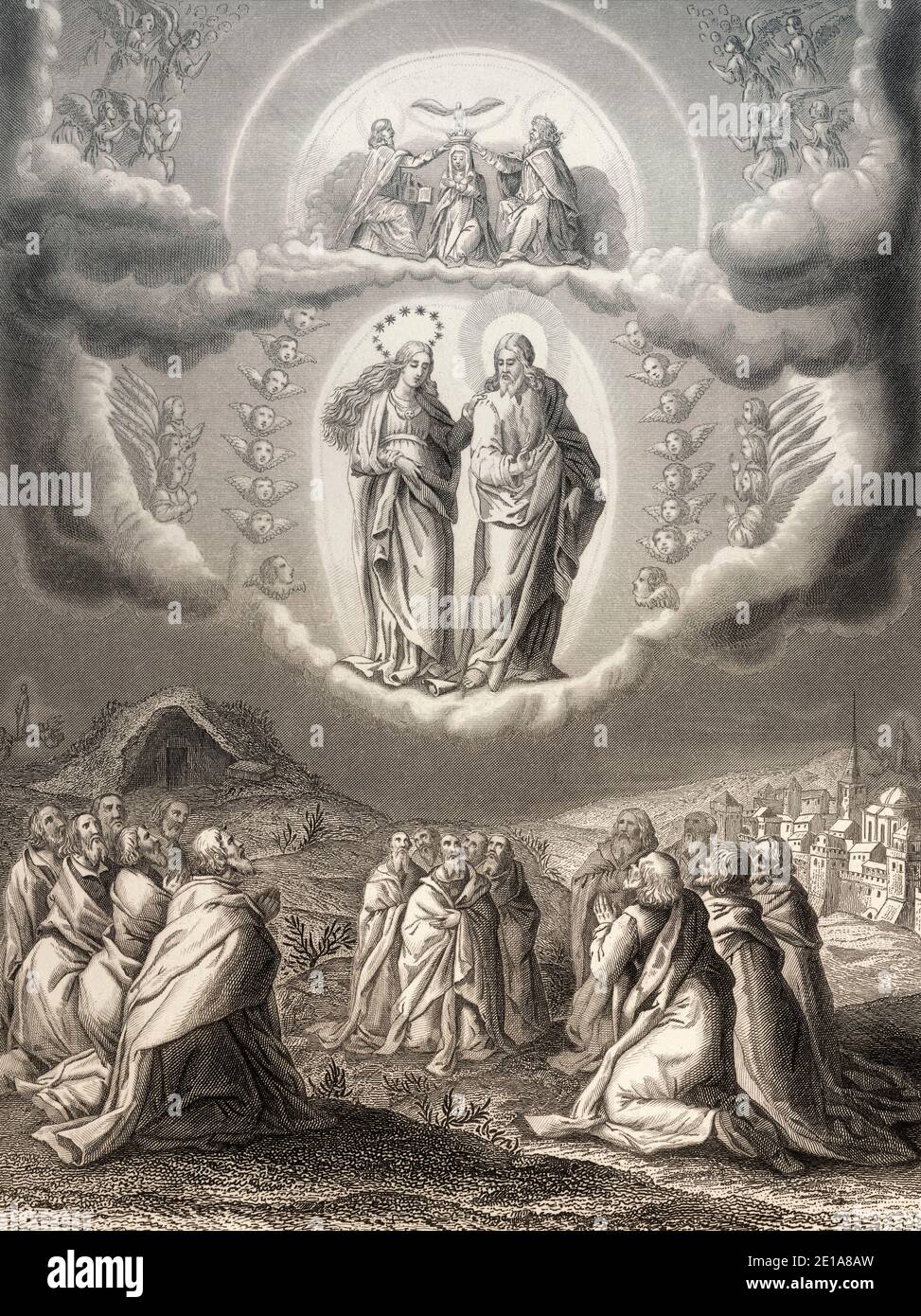 The Assumption of Mary into Heaven, Steel engraving 1853, digitally restored Stock Photo