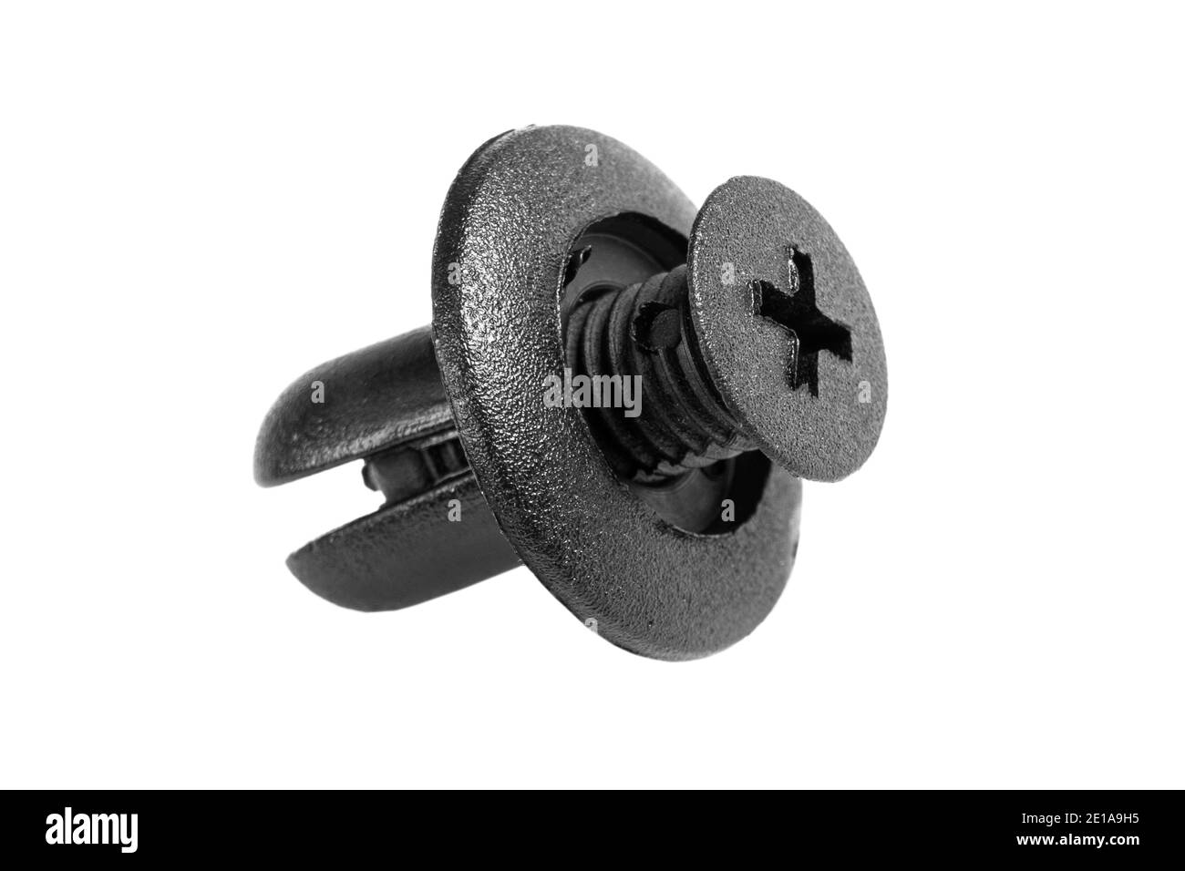 Macro shot plastic black clips for the car. Panel plastic rivets