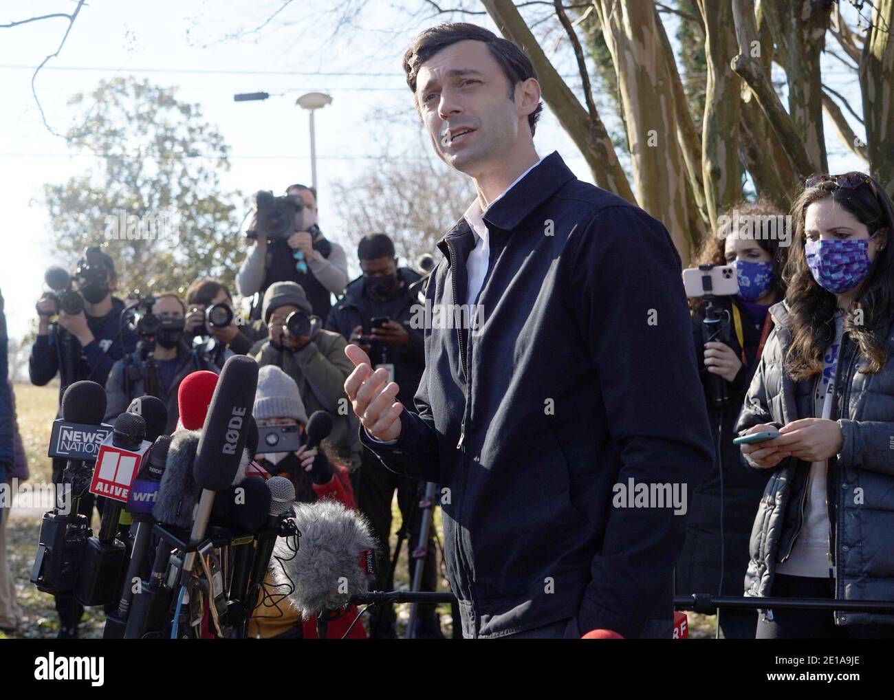 Atlanta, United States. 05th Jan, 2021. Democrat Jon Ossoff who is running for the Georgia Senate speaks to the media at a polling location at Dunbar Neighborhood Center in Atlanta, Georgia on Tuesday, January 5, 2021. Photo by Tami Chappell/UPI Credit: UPI/Alamy Live News Stock Photo