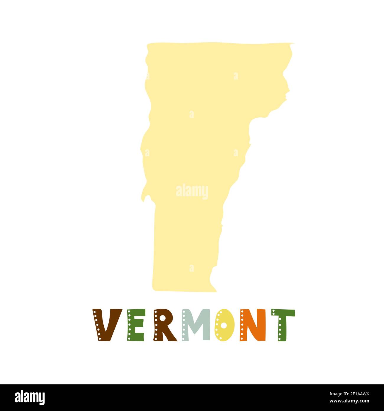 USA collection. Map of Vermont - yellow silhouette. Doodling style lettering Stock Vector