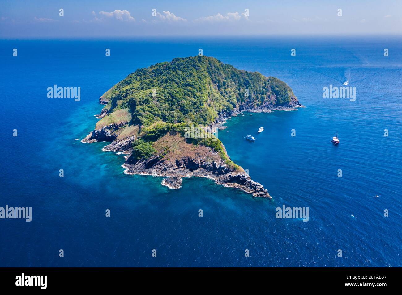 Aerial drone view of boats around Ko Bon island in Thailand's Similan Islands. Stock Photo