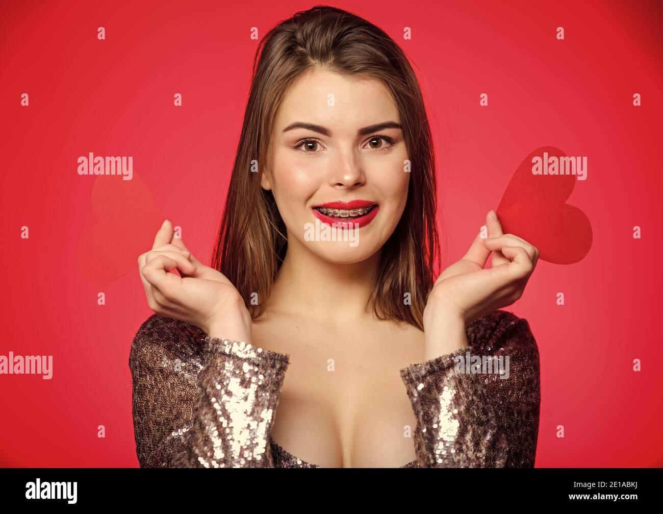 Valentines day concept. Braces and beauty. Dating when you have adult