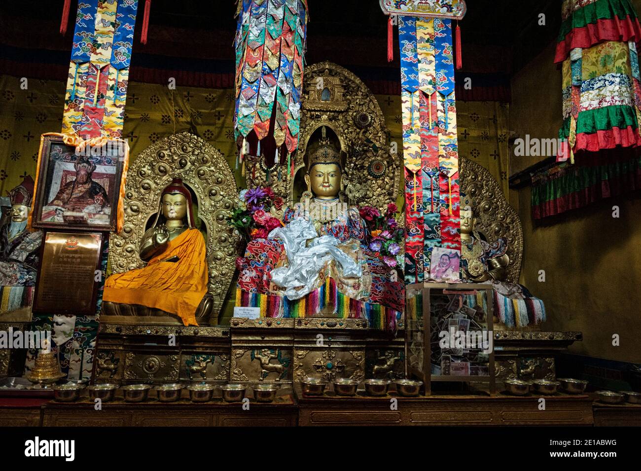 ZHANANG, TIBET CHINA - AUGUST, 16 2018:  Buddha statues in the Mindroling Monastery, Zhanang County, Shannan Prefecture, Tibet Autonomous Region, Chin Stock Photo