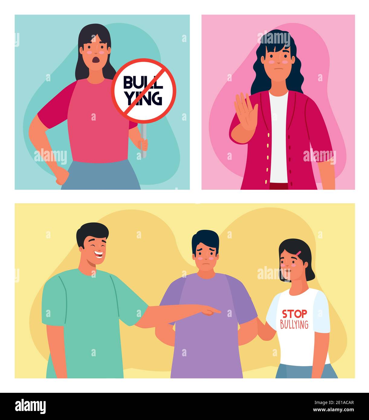 group of persons affected for bullying with stop signal characters Stock Vector