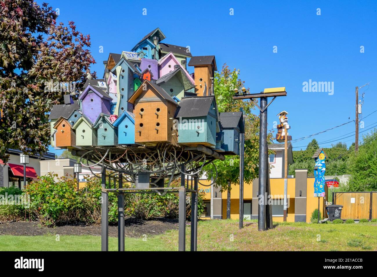 Bird House sculpture installation, Lake Country, Okanagan Valley, British Columbia, Canada Stock