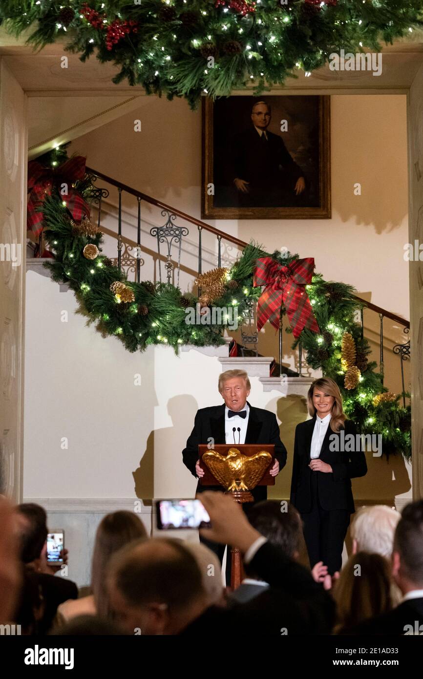 U.S President Donald Trump and First Lady Melania Trump deliver remarks at the Congressional Ball n the Grand Foyer of the White House December 10, 2020 in Washington, D.C. Stock Photo