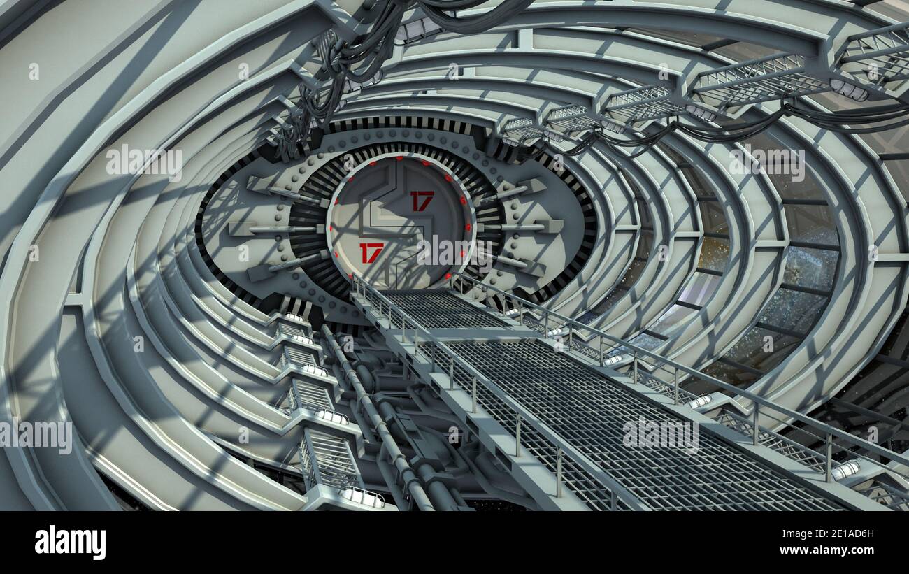 3D illustration of a bridge-tunnel for spaceships or futuristic space stations, for fantasy or science fiction backgrounds. Stock Photo