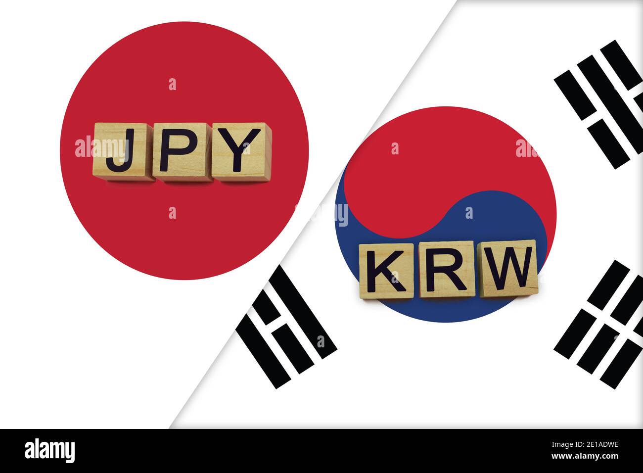 Japan and South Korea currencies codes on national flags background. International money transfer concept Stock Photo