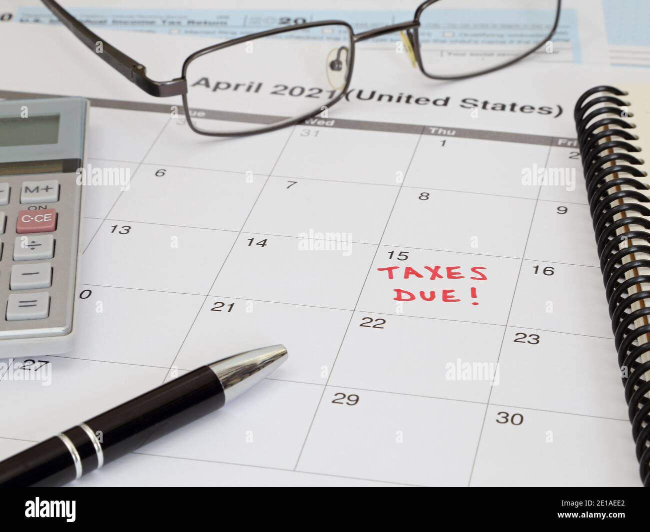 A 2021 calendar noting the April 15 USA Internal Revenue Service IRS