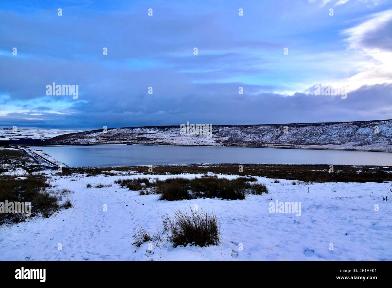 Winter at Withens Clough reservoir. Stock Photo