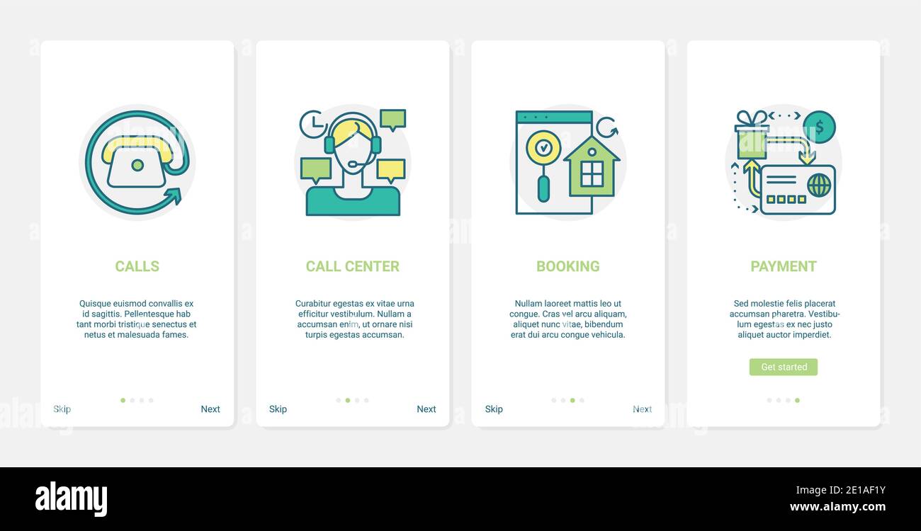 Online commerce, call center customer service vector illustration. UX, UI onboarding mobile app page screen set with line booking symbol, payment to book room or house apartment, hotel reservation Stock Vector