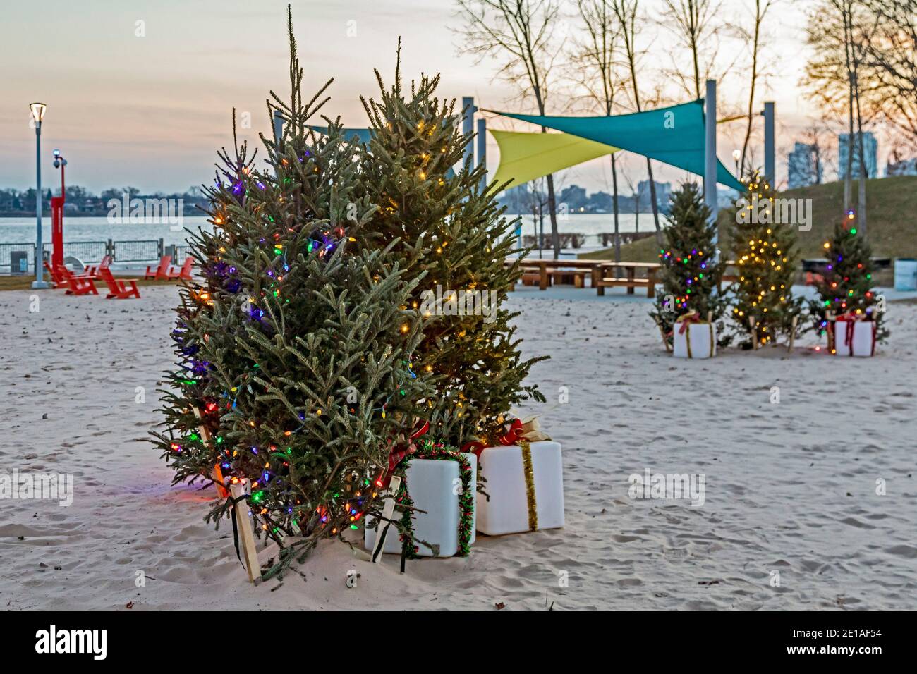 Detroit, Michigan - Christmas decorations on the beach at the new Robert C. Valade Park along the Detroit River. Stock Photo