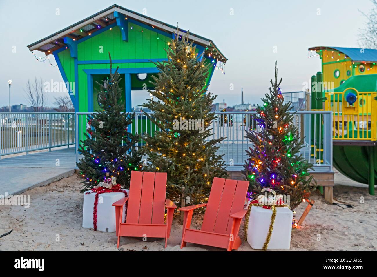 Detroit, Michigan - Christmas decorations on the beach at the new Robert C. Valade Park along the Detroit River. Stock Photo