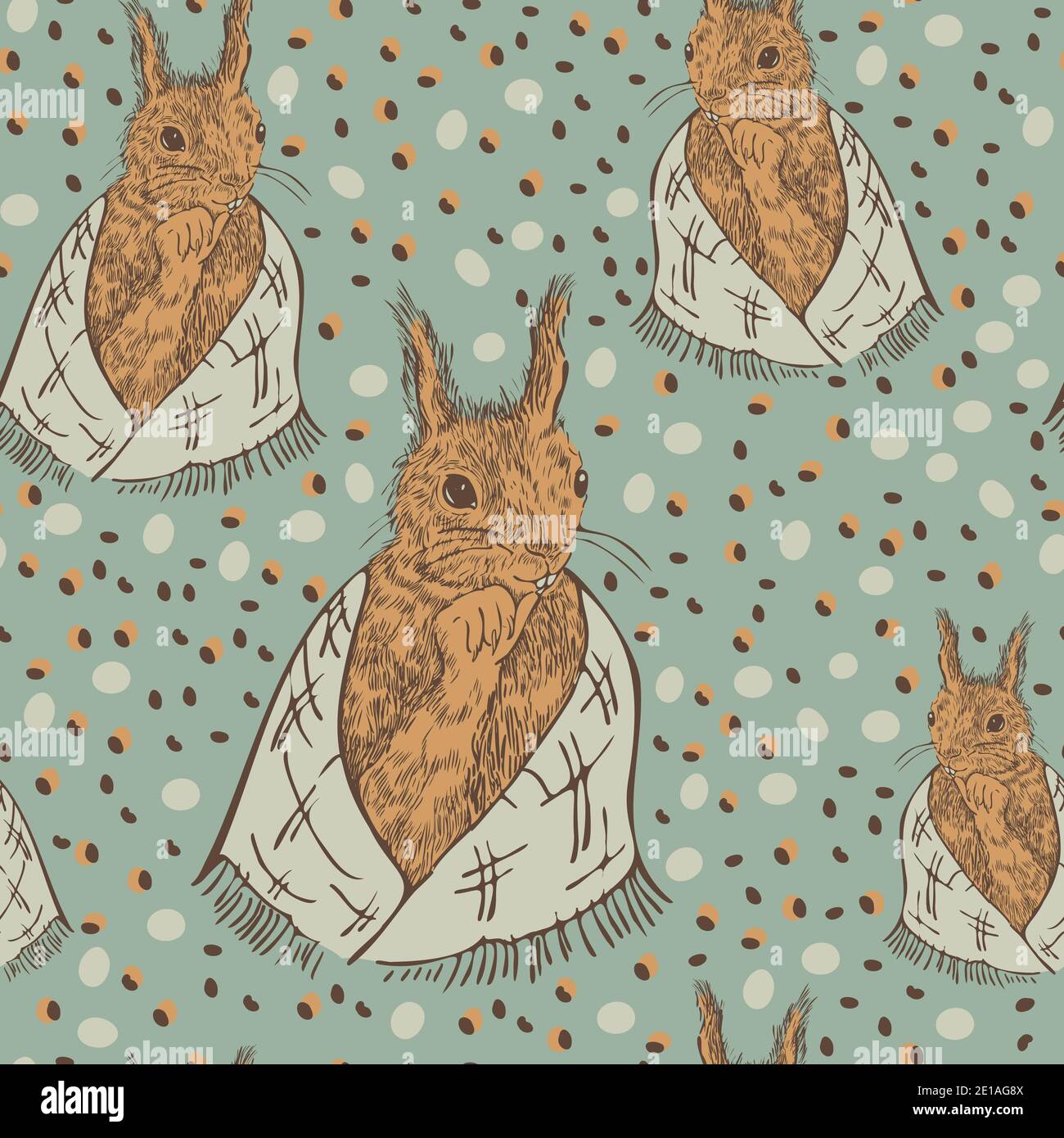 Vector seamless pattern with squirrels in scarf and acorns. Cute animal ...