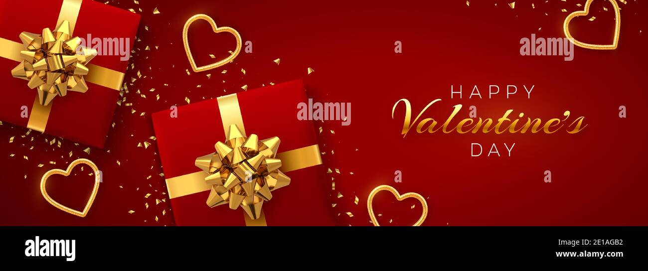 Happy Valentine's Day banner template. Realistic gift boxes with golden ...