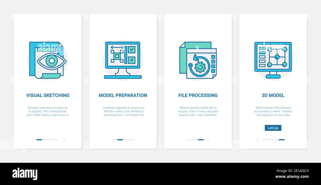 3d model file processing design vector illustration. UX, UI onboarding mobile app page screen tech set with line process of document preparation, visual sketching, designing and modelling technology Stock Vector