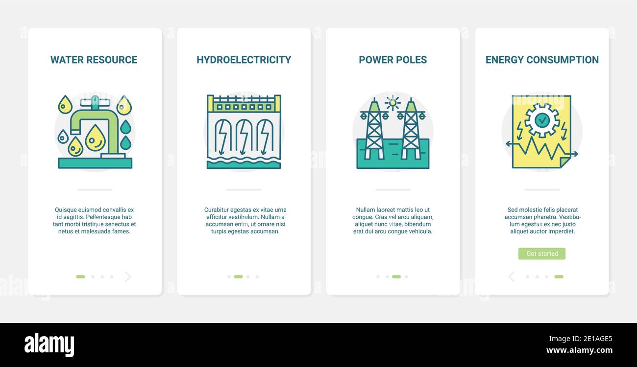 Eco energy production technology vector illustration. UX, UI onboarding mobile app page screen environment set with line power consumption management, efficiency of water resources, hydroelectricity Stock Vector