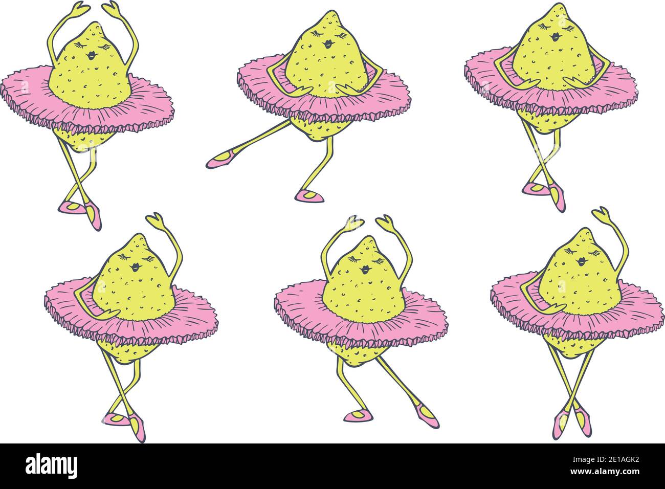 Vector illustration set of lemons dancing in ballet tutu. Dancing fruits design. Stock Vector