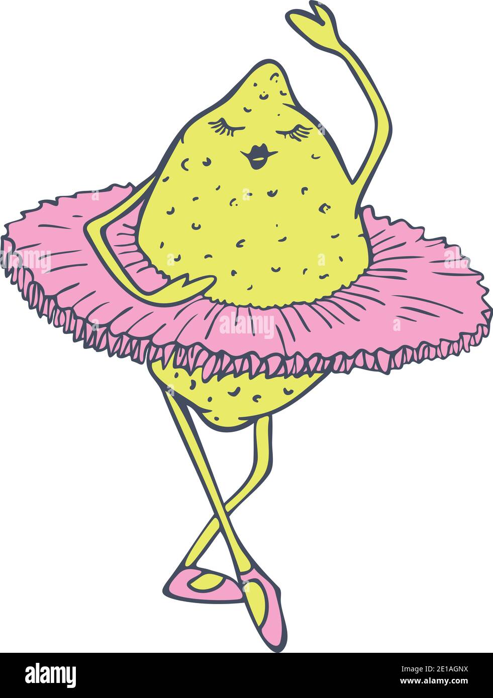 Vector illustration with lemon dancing in ballet tutu. Dancing fruit design. Stock Vector