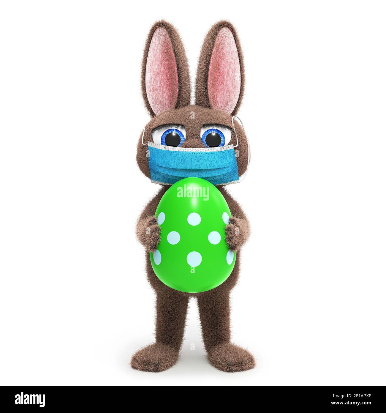 Cute easter bunny holding a colored egg decorated with ornaments and surgical masks to prevent corona COVID-19 infection, isolated on white background Stock Photo