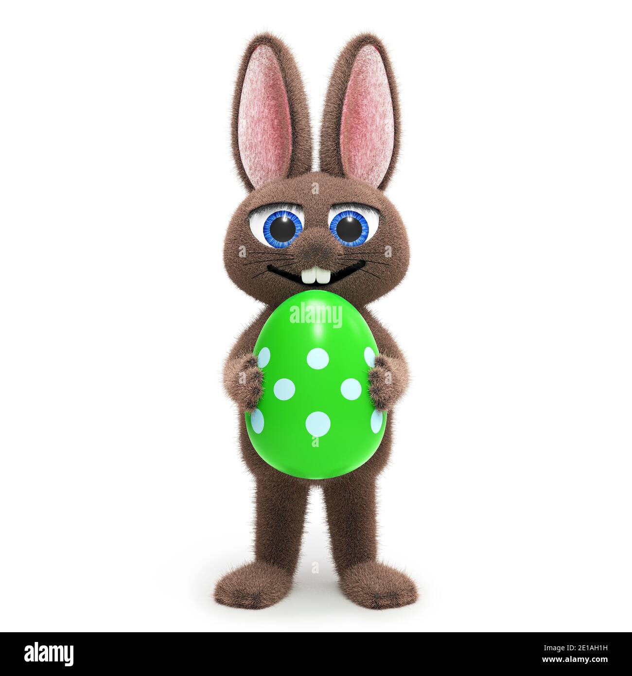 Cute easter bunny holding a colored egg decorated with ornaments, isolated on white background 3D rendering Stock Photo
