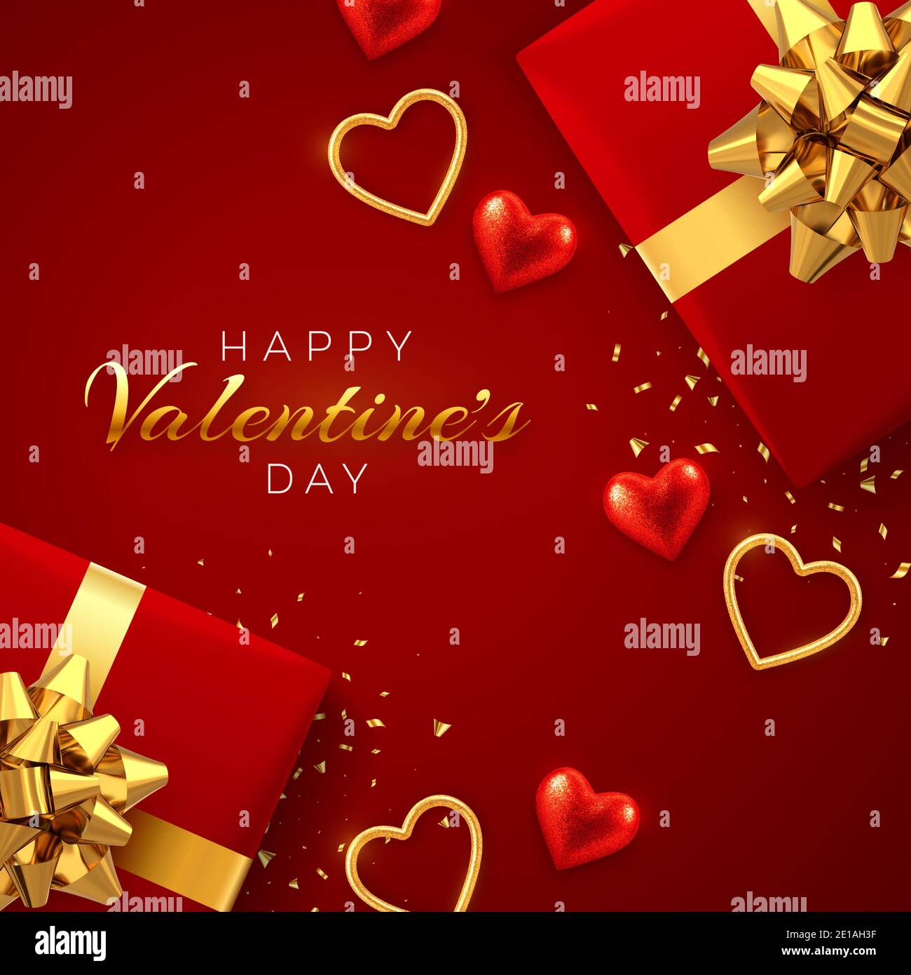 Happy Valentine's Day banner template. Realistic gift boxes with golden ...