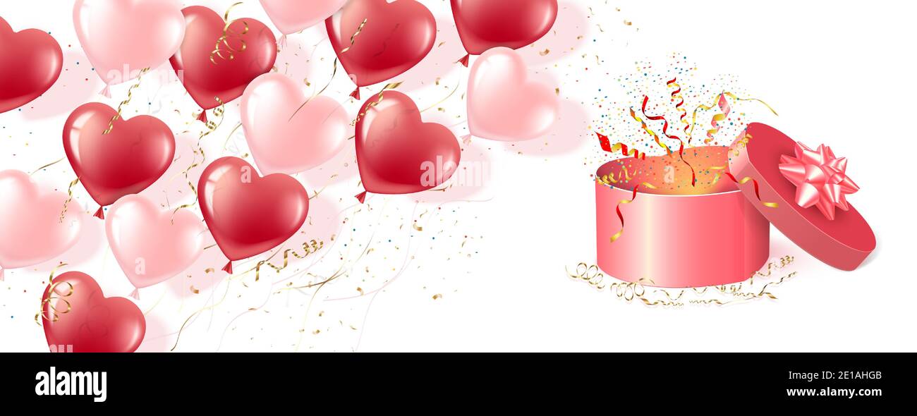 Banner of pink and red heart-shaped balloons on a white background ...