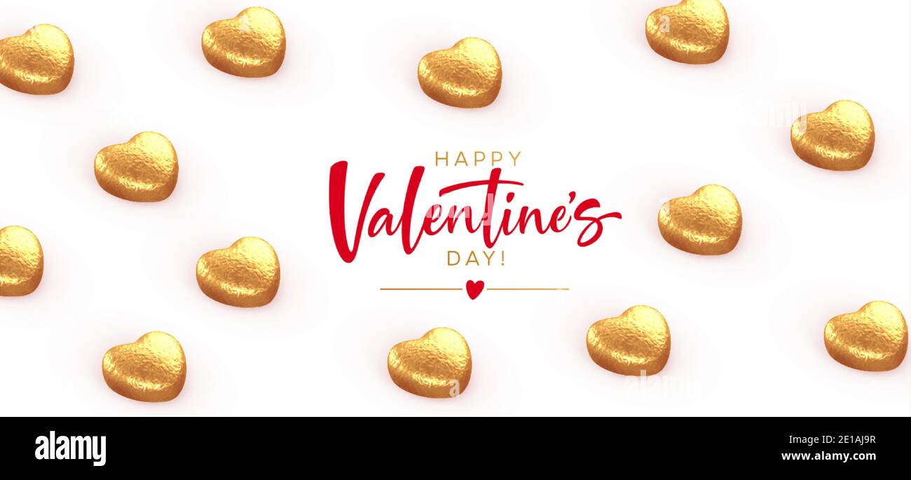 Background for Valentines Day banner, poaster, postcard made of heart-shaped chocolates wrapped in gold foil with the inscription Happy Valentines Day Stock Vector