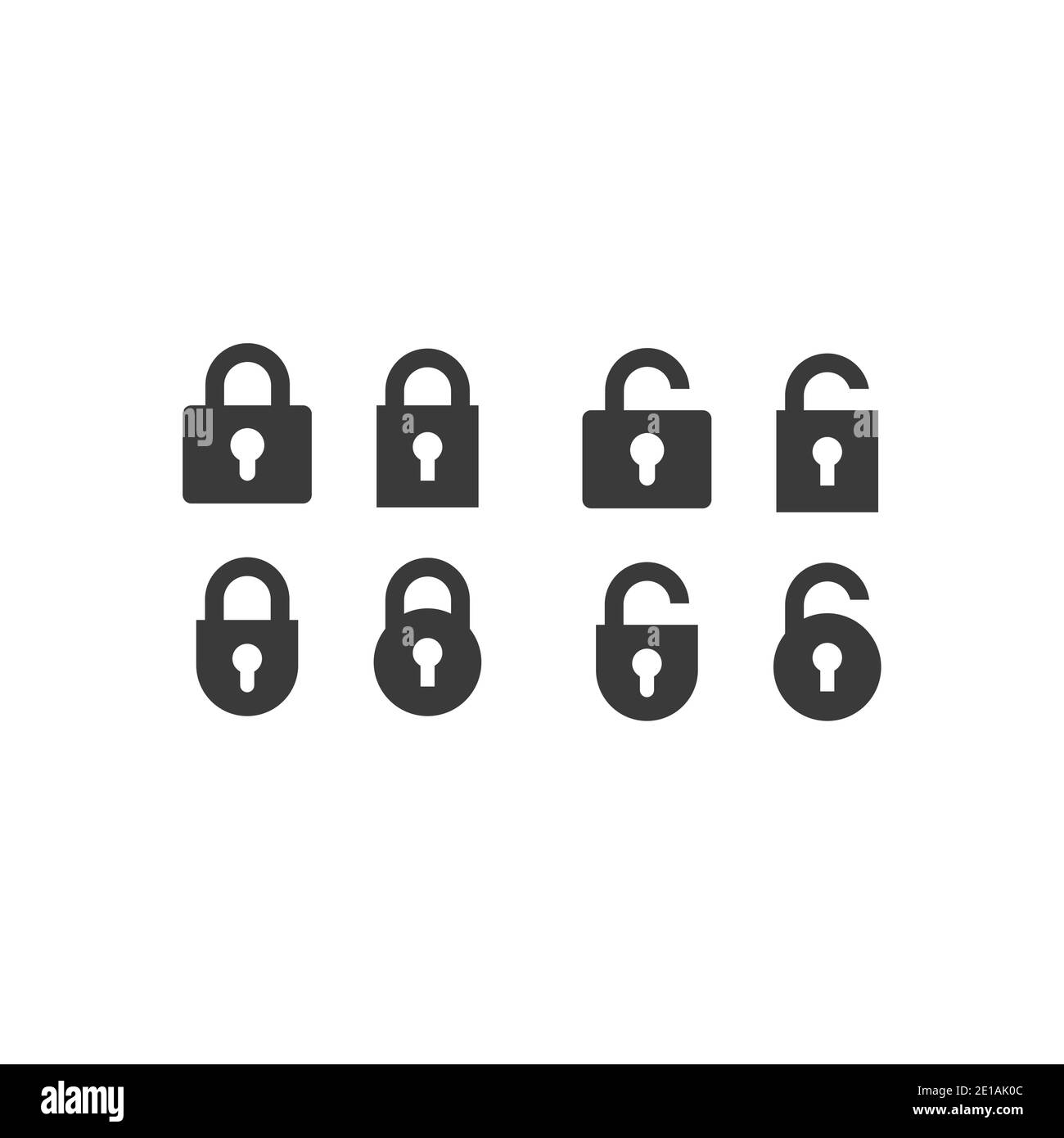 Padlock black vector icon set. Lock, open and closed, locked and unlocked web symbols. Stock Vector