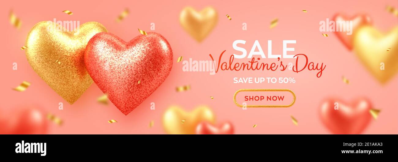 Valentines day sale banner with shining realistic red and gold 3d ...