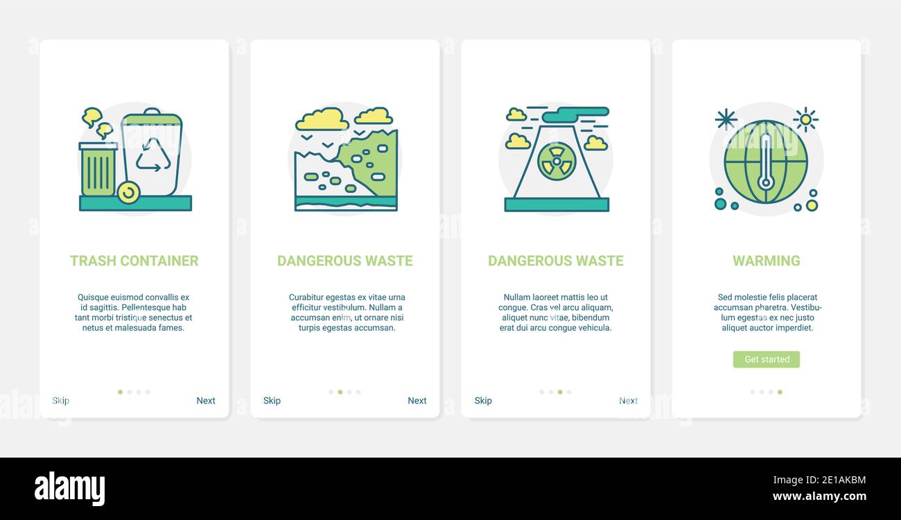 Environmental problems of planet earth vector illustration. UX, UI onboarding mobile app page screen set with line environment warming symbols, danger of industrial pollution, dangerous trash waste Stock Vector