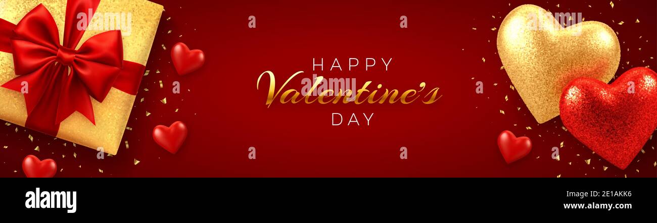 Happy Valentine's Day banner or header website. Realistic gift box with ...