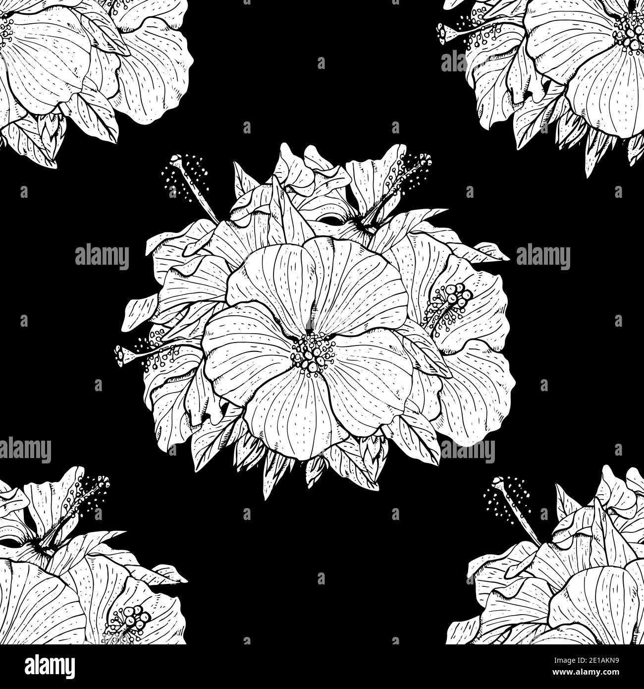 Monochrome floral seamless pattern with hand drawn hibiscus flowers on ...
