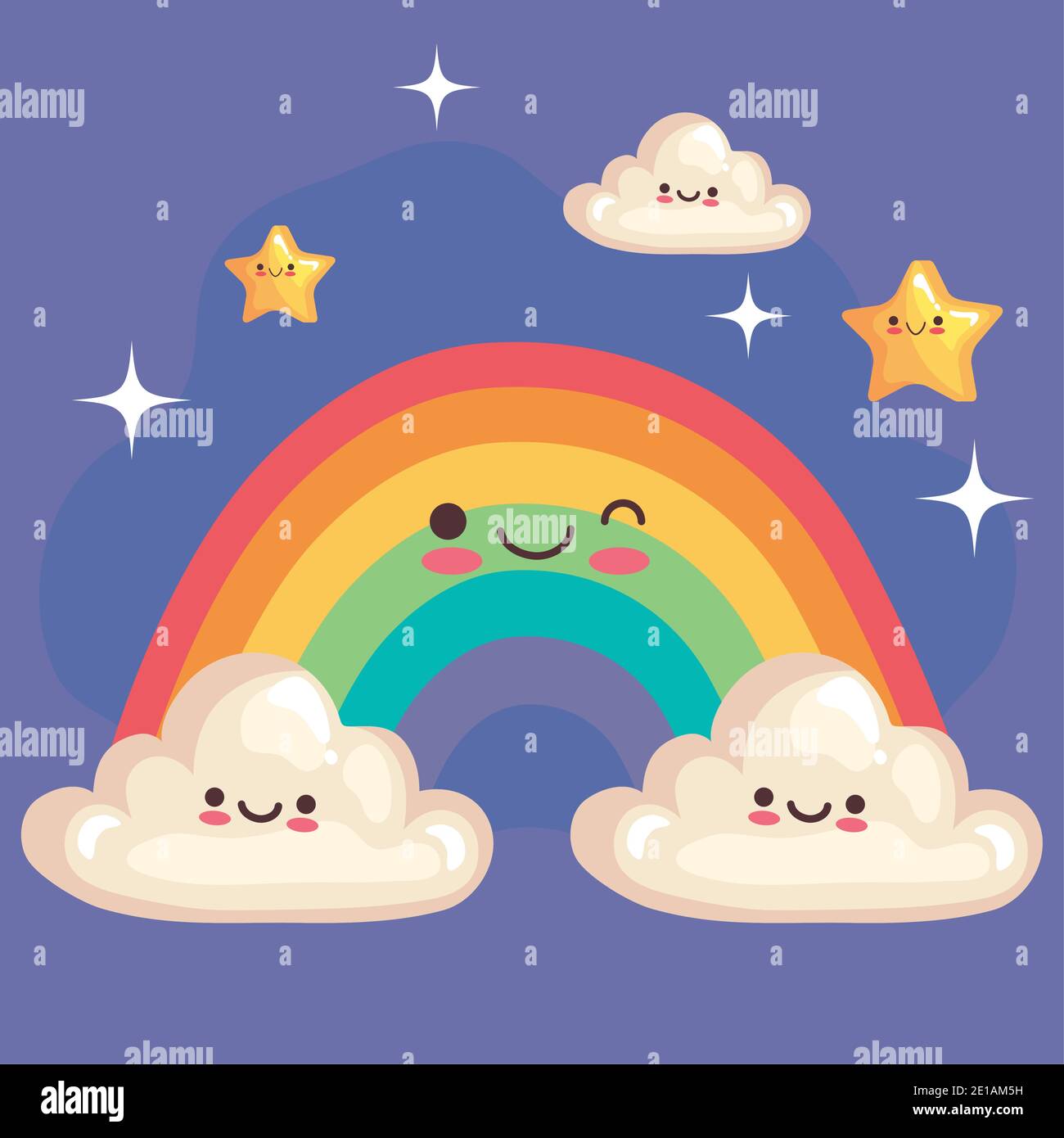 cute rainbow with stars and clouds stickers kawaii characters Stock ...