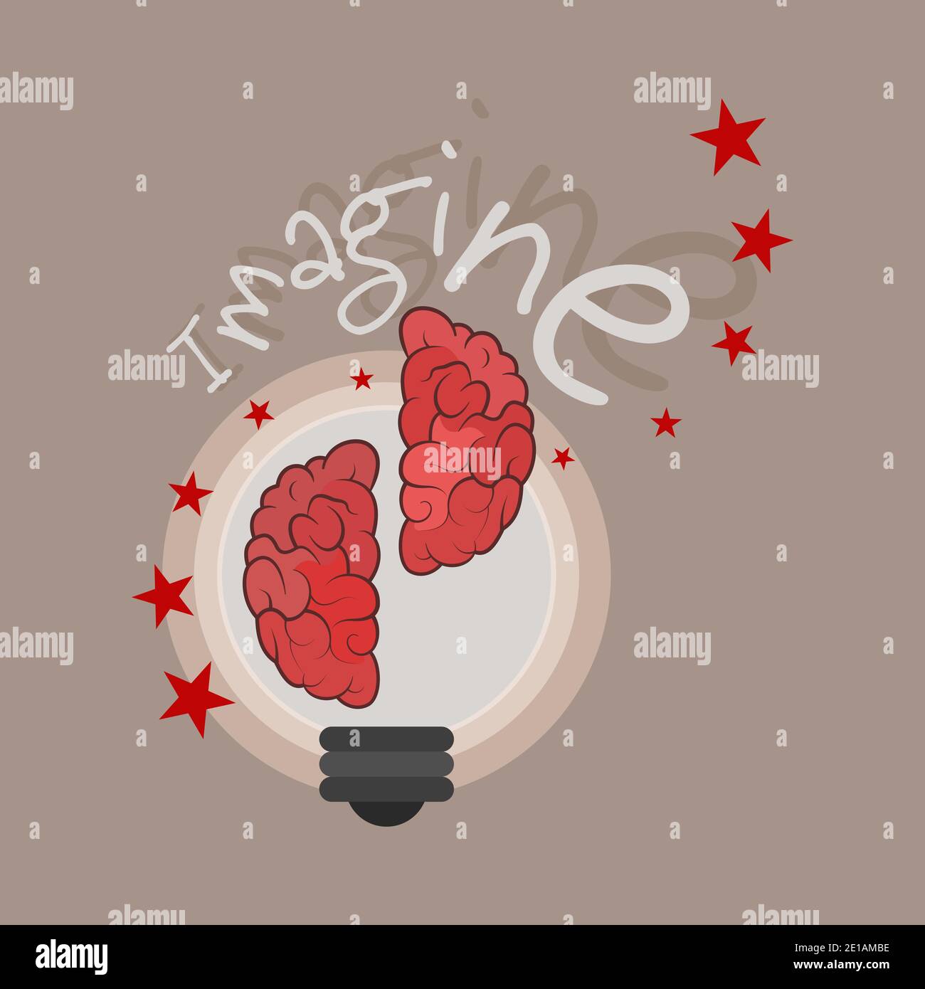 Human brain inside a light bulb with text Imagine. Creative idea and imagination concept. Flat style illustration. Stock Vector
