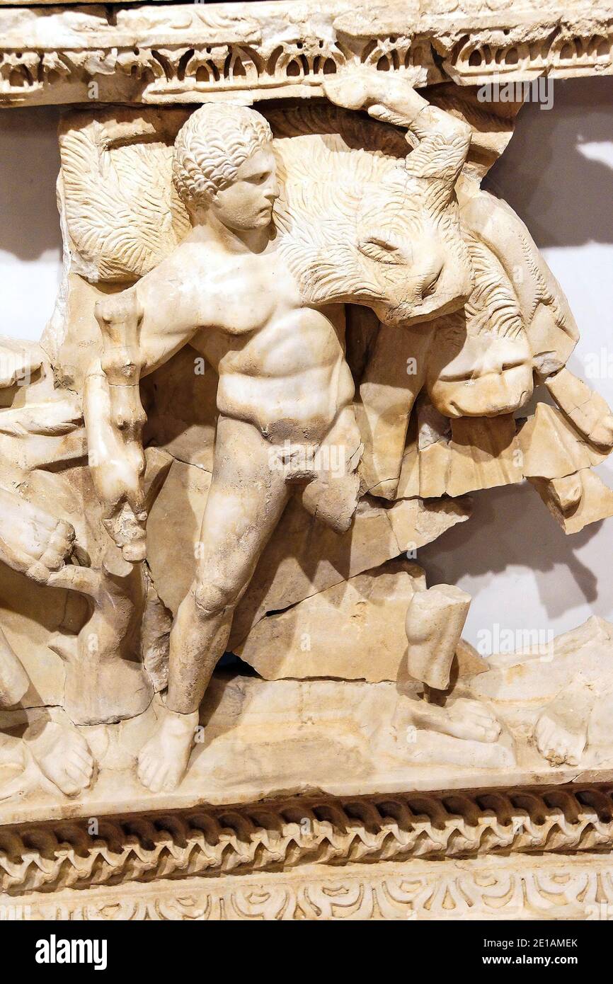 Trials of Hercules, carved on a Roman sarcophagus,  Antalya,  Turkey Stock Photo