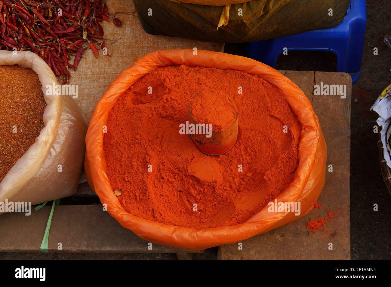 Powdered chilies and turmeric on display at the street market in Kyaukme Myanmar (Burma) Stock Photo