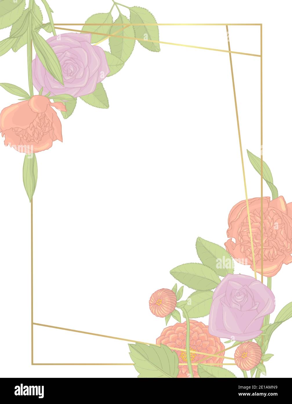 Rectangular golden line frame card with hand drawn rose and peony ...
