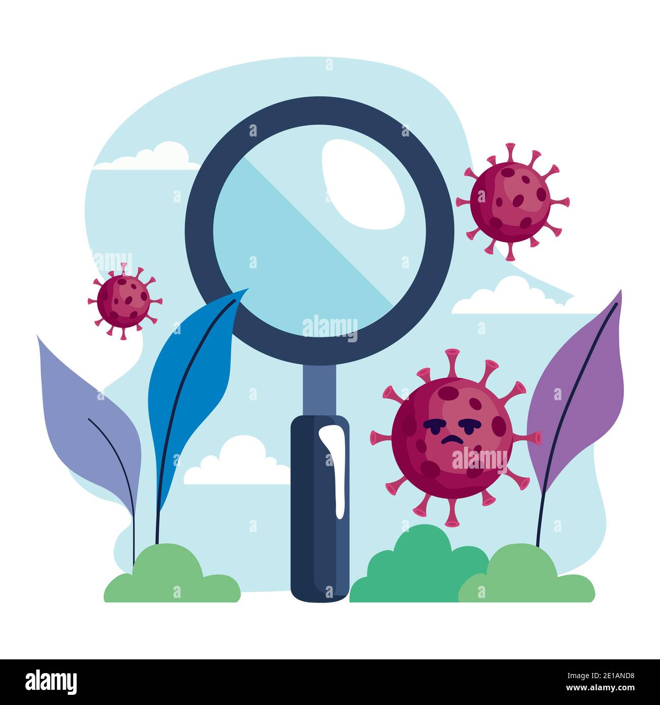 covid19 virus particles with magnifying glass in the camp Stock Vector ...