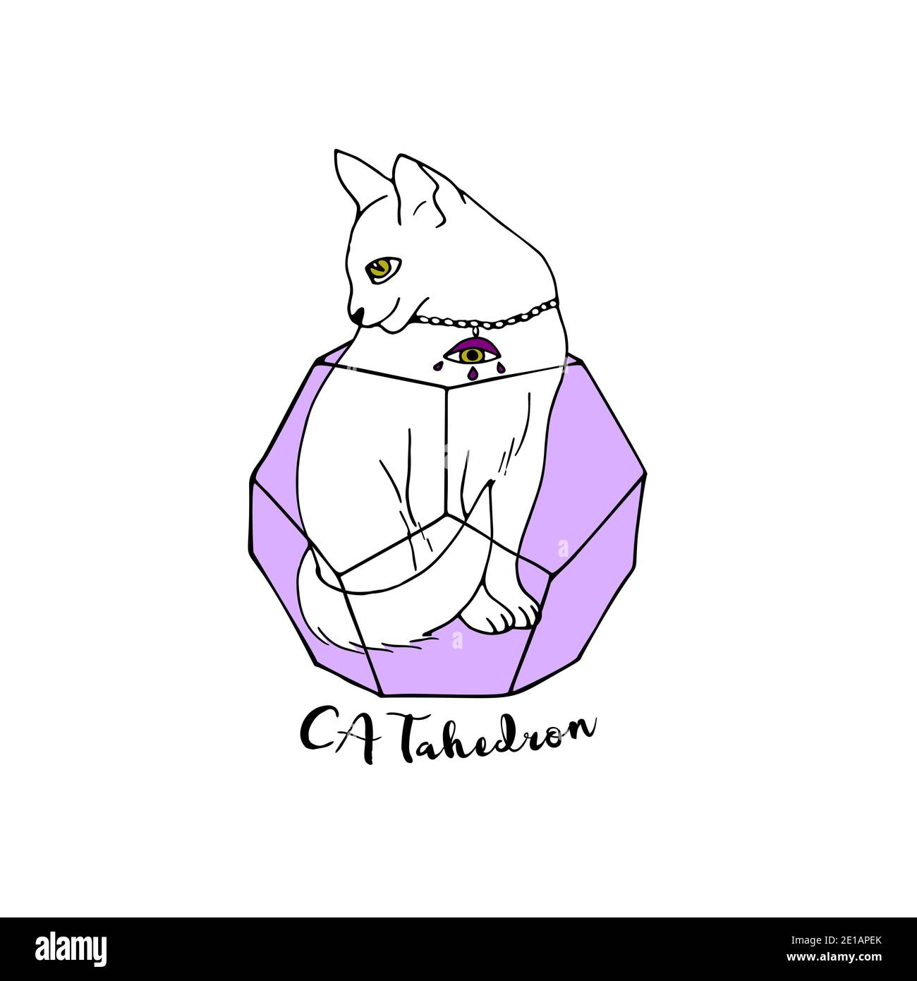Hand drawn line art witch magical cat sitting inside sacred geometry figure with text catahedron. Magic and witchcraft vector Stock Vector