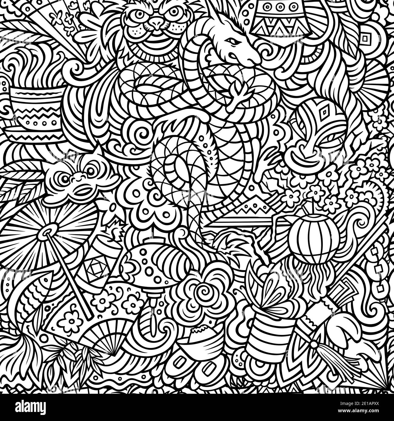 Cartoon cute doodles Chinese New Year seamless pattern Stock Vector ...