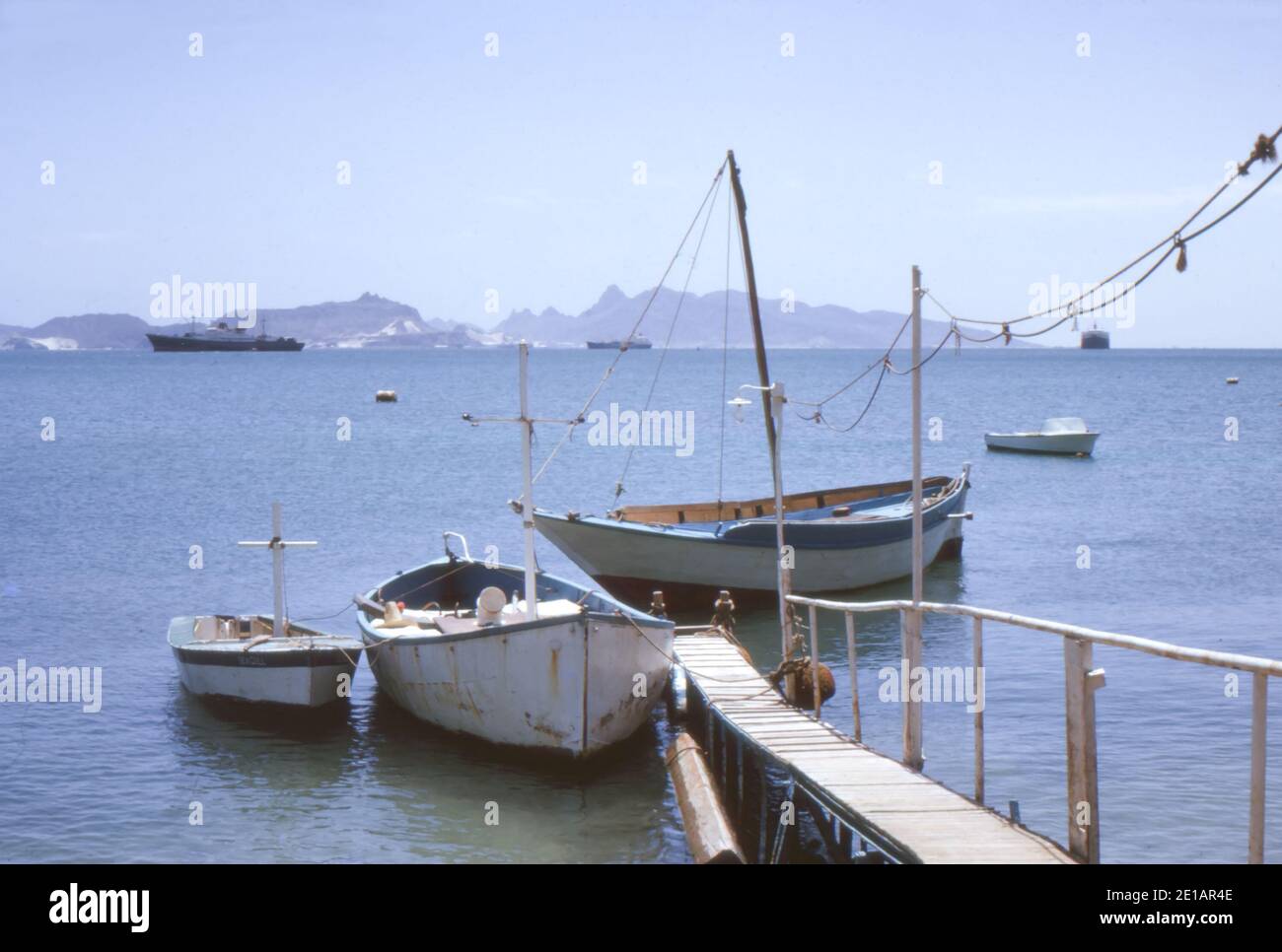 Boats of the  RAF Steamer Point Power Boat Club, based in Aden, Yemen. 1965. Little Aden can be seen on the horizon. Stock Photo