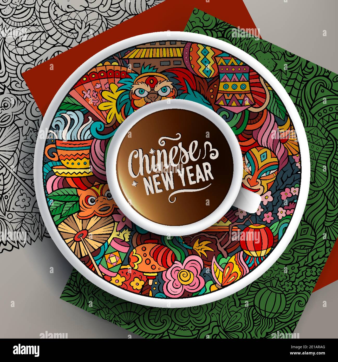 Vector illustration with a Cup of coffee and Chinese New Year doodles ...