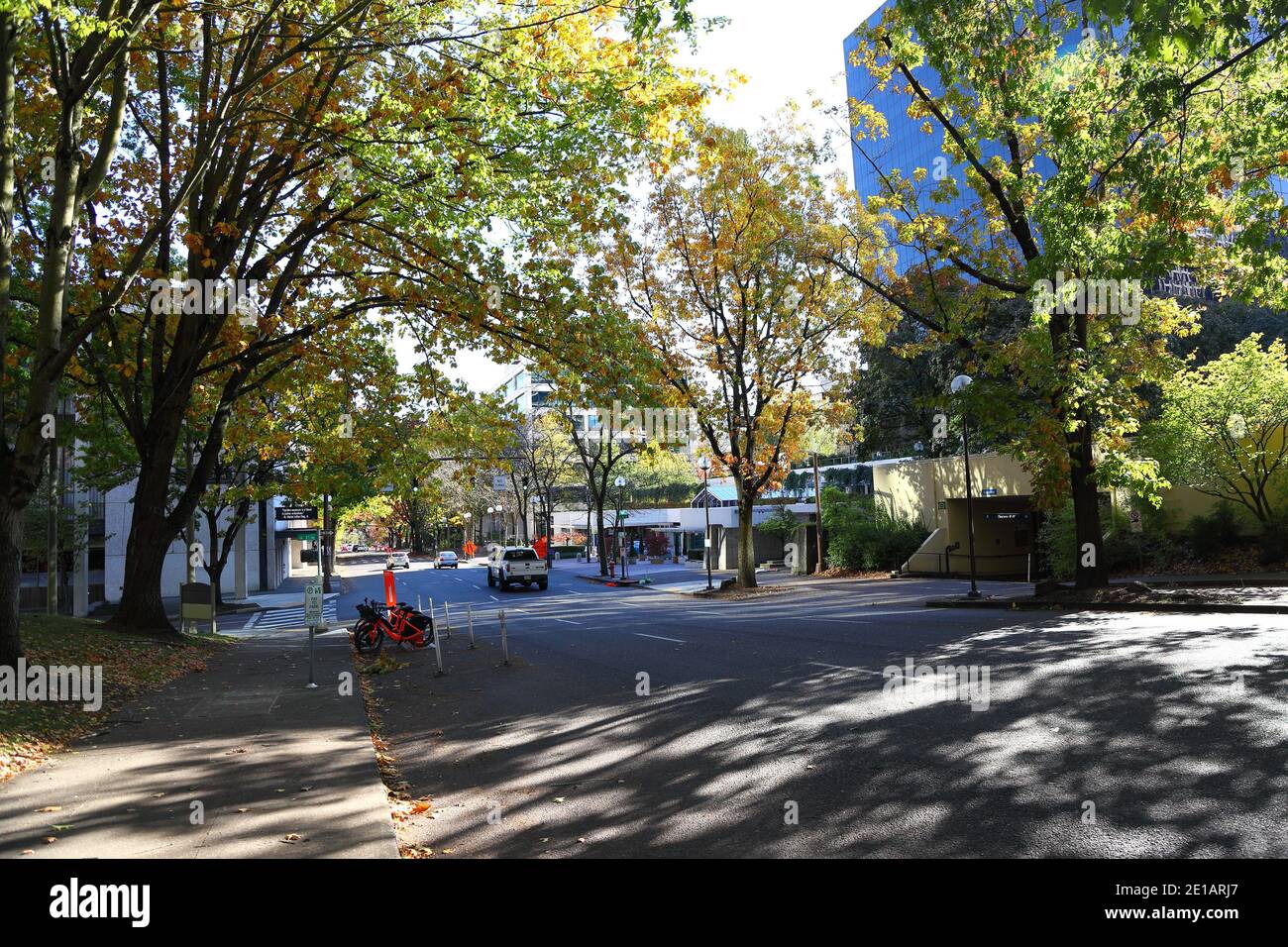 Portland, Oregon - 0ct, 26, 2020: Editorial image - General View of SW Market Street in downtown Portland in the fall. Stock Photo
