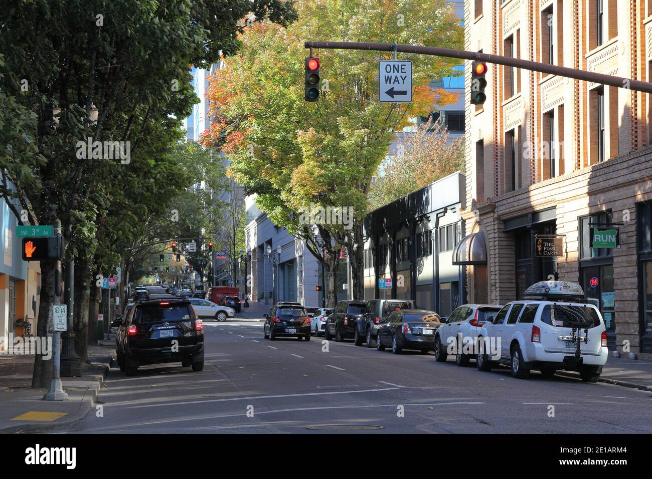 Portland, Oregon - 0ct, 26, 2020: Editorial image - General View of SW Taylor St. in downtown Portland in the fall. Stock Photo