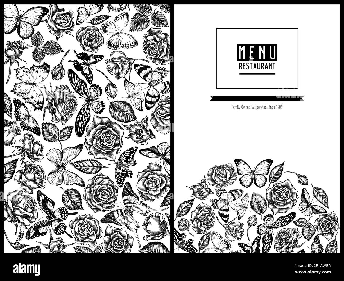 Menu cover floral design with black and white menelaus blue morpho, lemon butterfly, red lacewing, african giant swallowtail, alcides agathyrsus Stock Vector