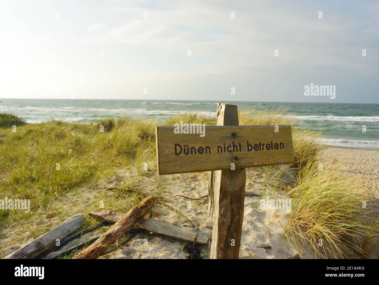 Sand dunes at the baltic sea with a sign in German Dünen nicht betreten engl no trespassing the dunes Stock Photo